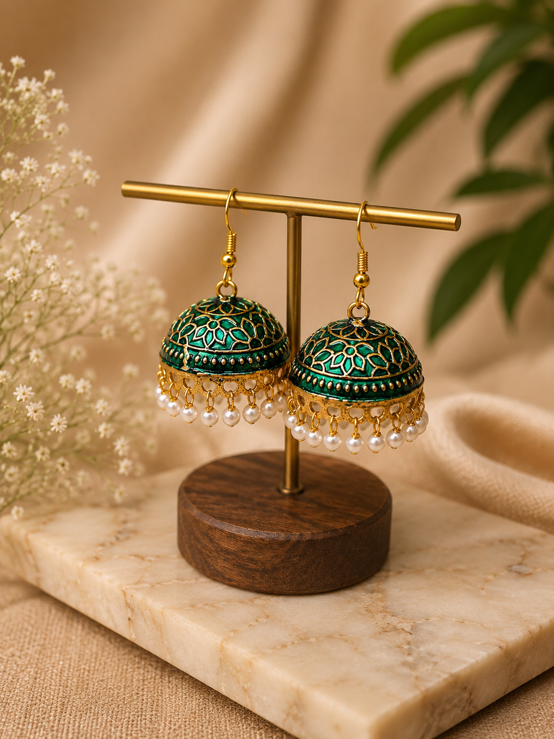 Trendy Crystal Earrings - Emerald Green + Pearl White Royal Ethnic
