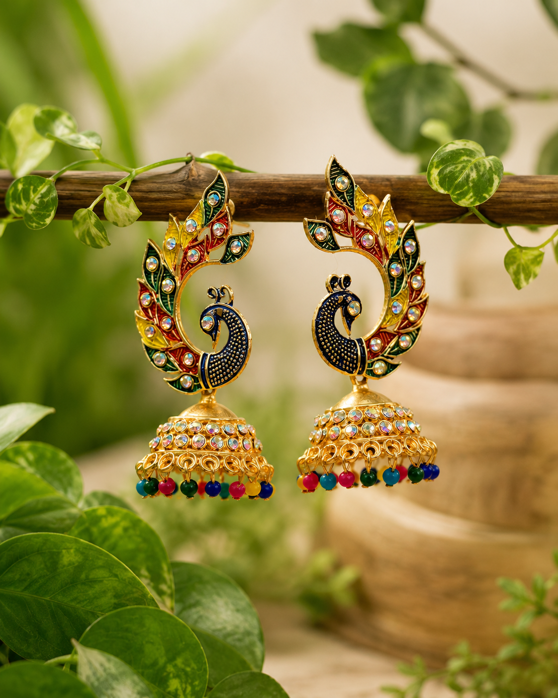 Trendy Crystal Earrings - Multicolour Peacock Theme With Royal Gold