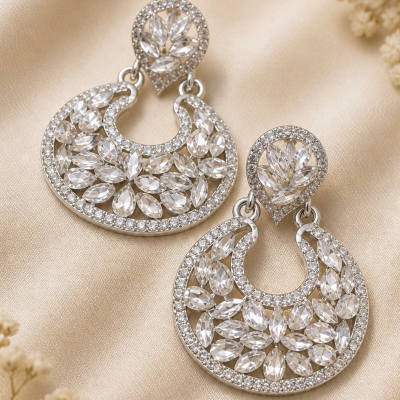 Trendy Crystal Earrings - Silver / White Crystal Tone