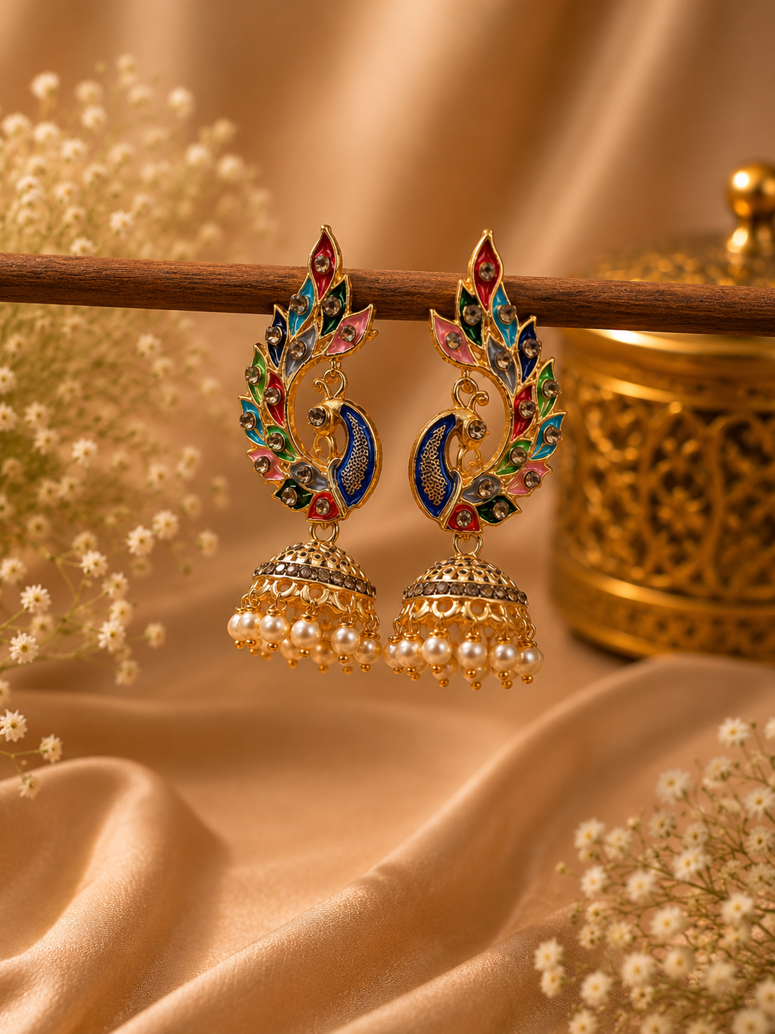 Trendy Crystal Earrings - Multicolour Peacock Peacock Pastel +  Royal Gold