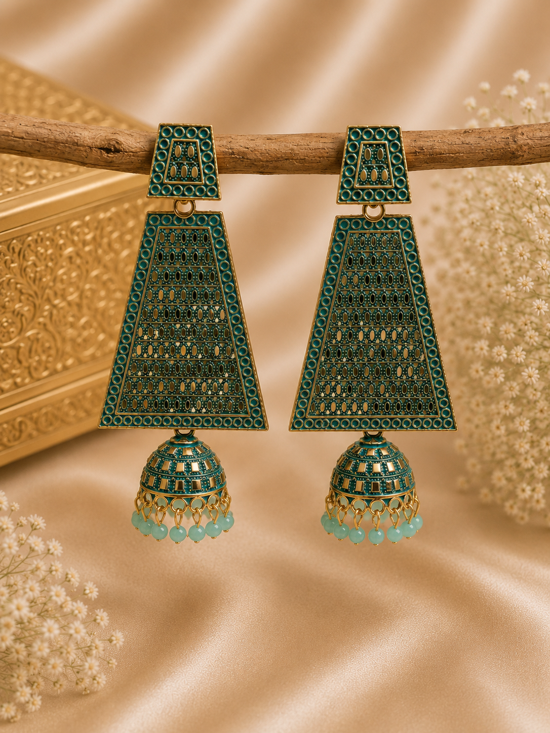Trendy Crystal Earrings - Peacock Teal + Aqua Blue Traditional Fusion
