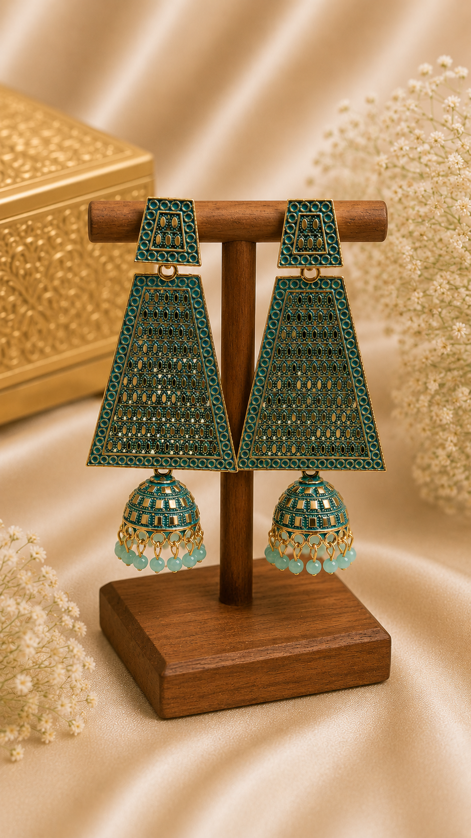 Trendy Crystal Earrings - Peacock Teal + Aqua Blue Traditional Fusion - Image 3