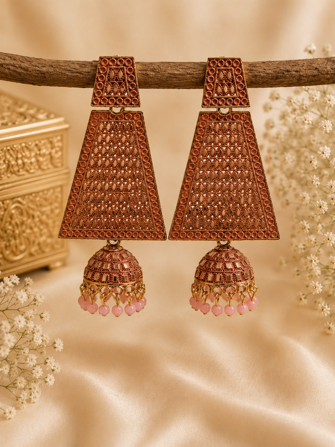 Trendy Crystal Earrings - Rose Gold + Blush Pink Elegant Ethnic