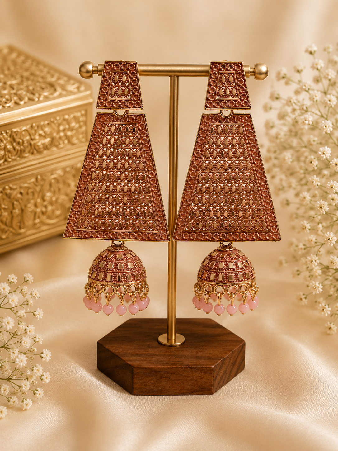 Trendy Crystal Earrings - Rose Gold + Blush Pink Elegant Ethnic - Image 3