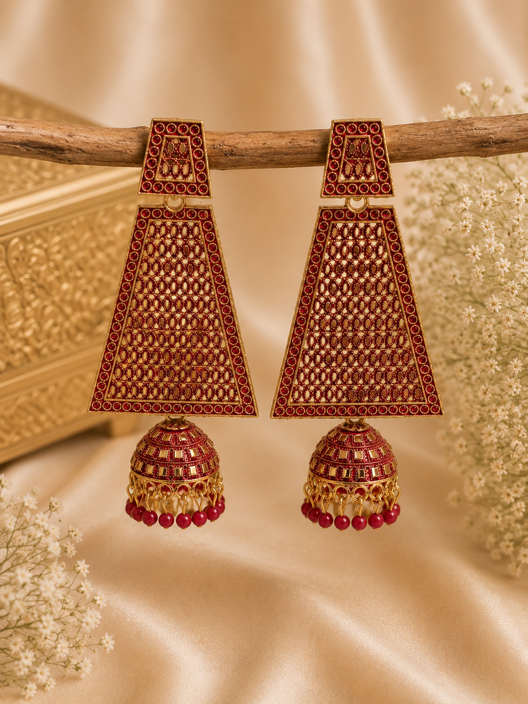 Trendy Crystal Earrings - Royal Ruby Red + Gold Traditional