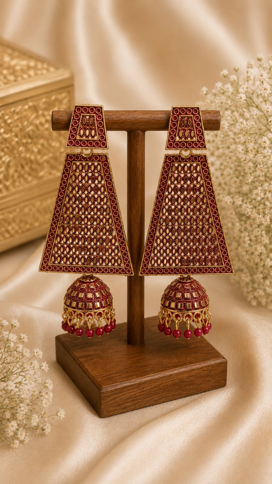 Trendy Crystal Earrings - Royal Ruby Red + Gold Traditional - Image 3