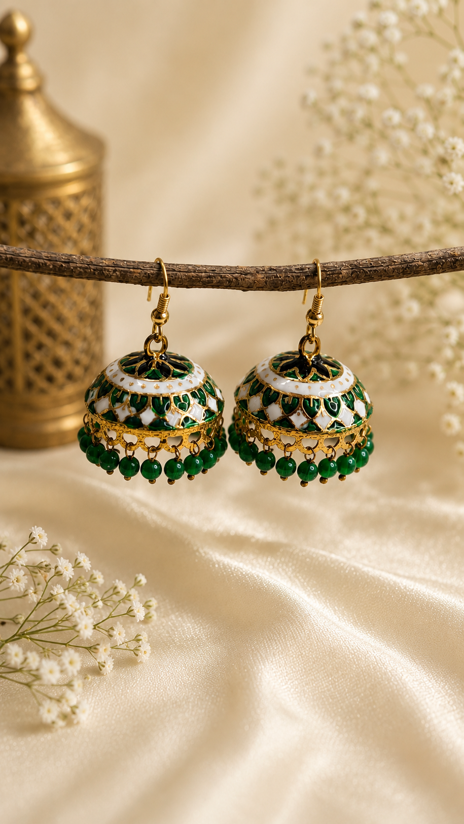 Trendy Crystal Earrings - Luxury Emerald Green + White Meena Kari With Gold Finish