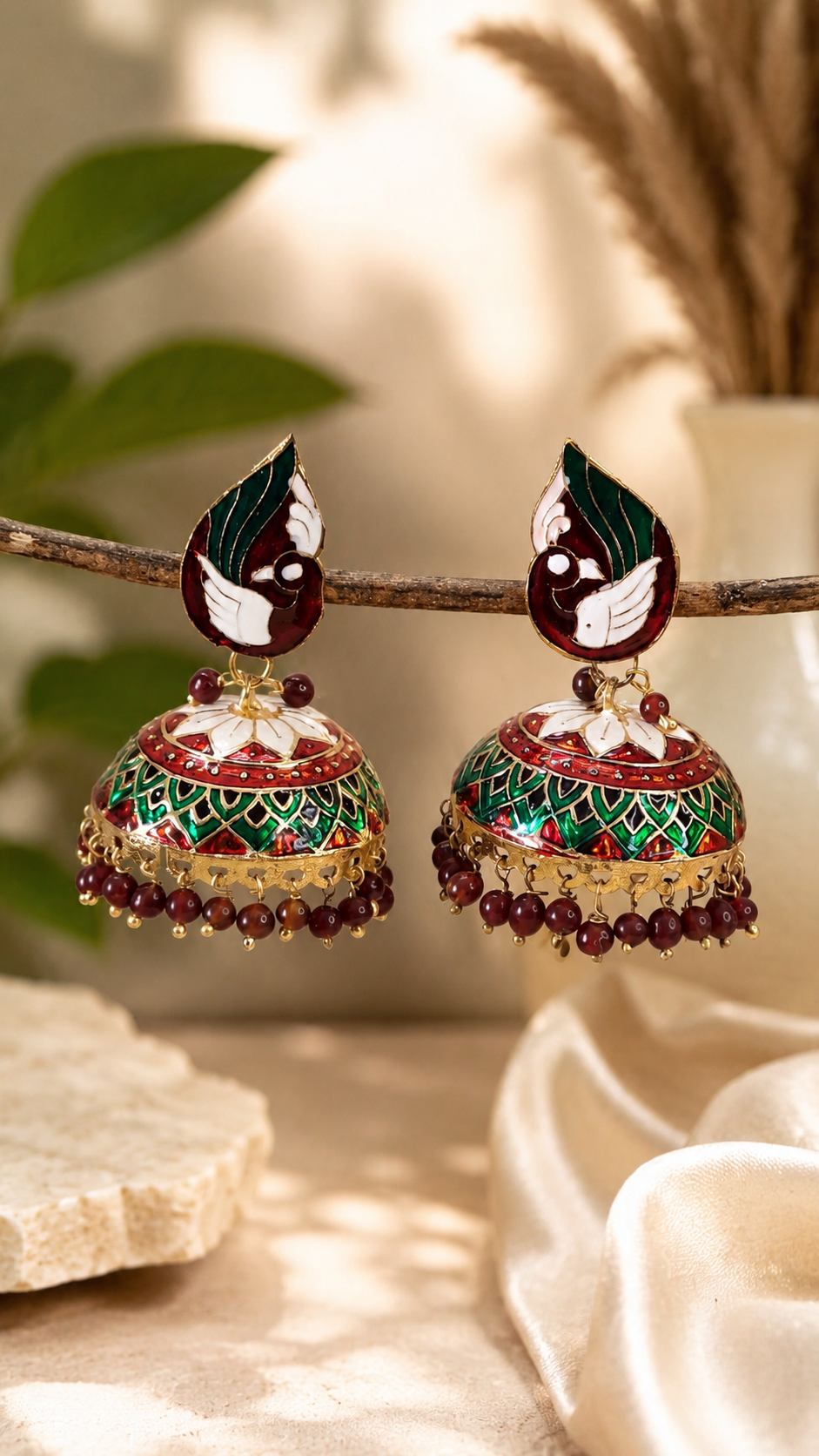 Trendy Crystal Earrings - Traditional Green + Maroon Ethnic