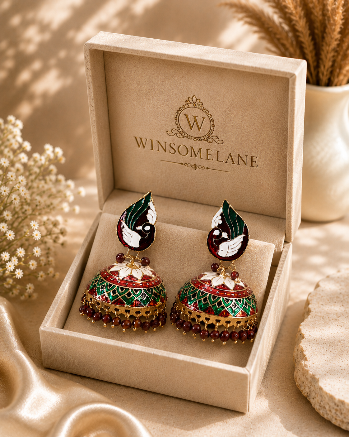 Trendy Crystal Earrings - Traditional Green + Maroon Ethnic - Image 3