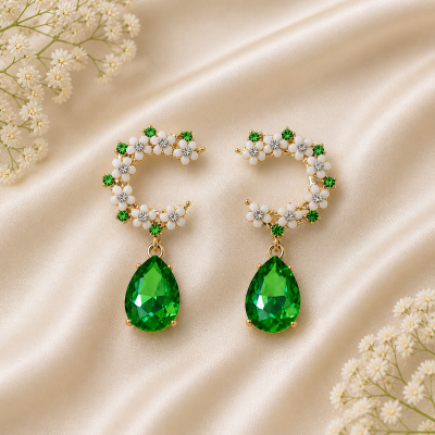 Trendy Crystal Earrings - Bright Emerald Green