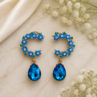 Trendy Crystal Earrings - Sappihire Blue