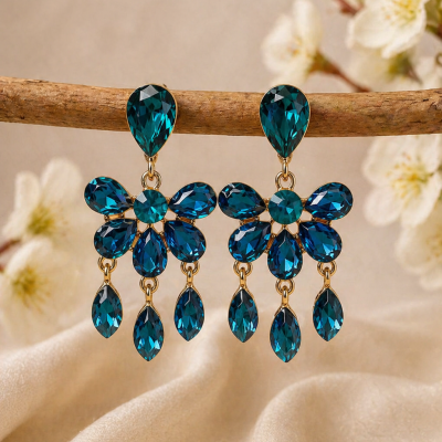 Trendy Crystal Earrings - Teal Blue