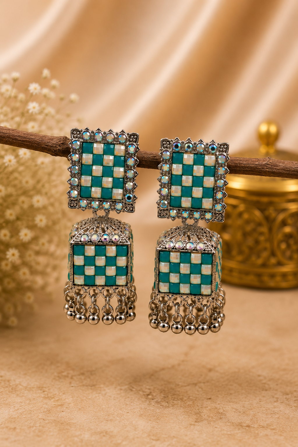 Trendy Crystal Earrings - Turquoise Teal + Oxidised Silver Modern Ethnic