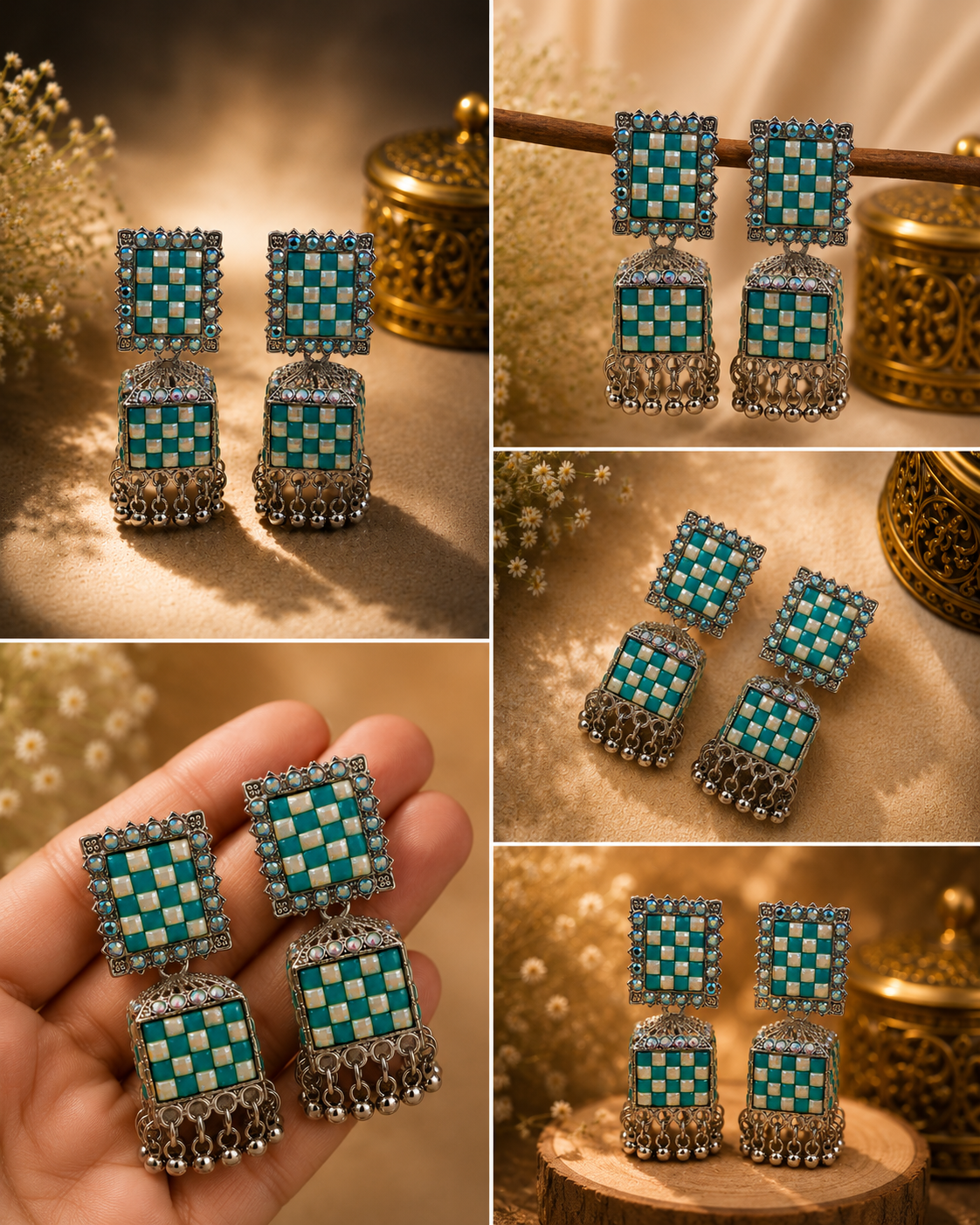 Trendy Crystal Earrings - Turquoise Teal + Oxidised Silver Modern Ethnic - Image 3