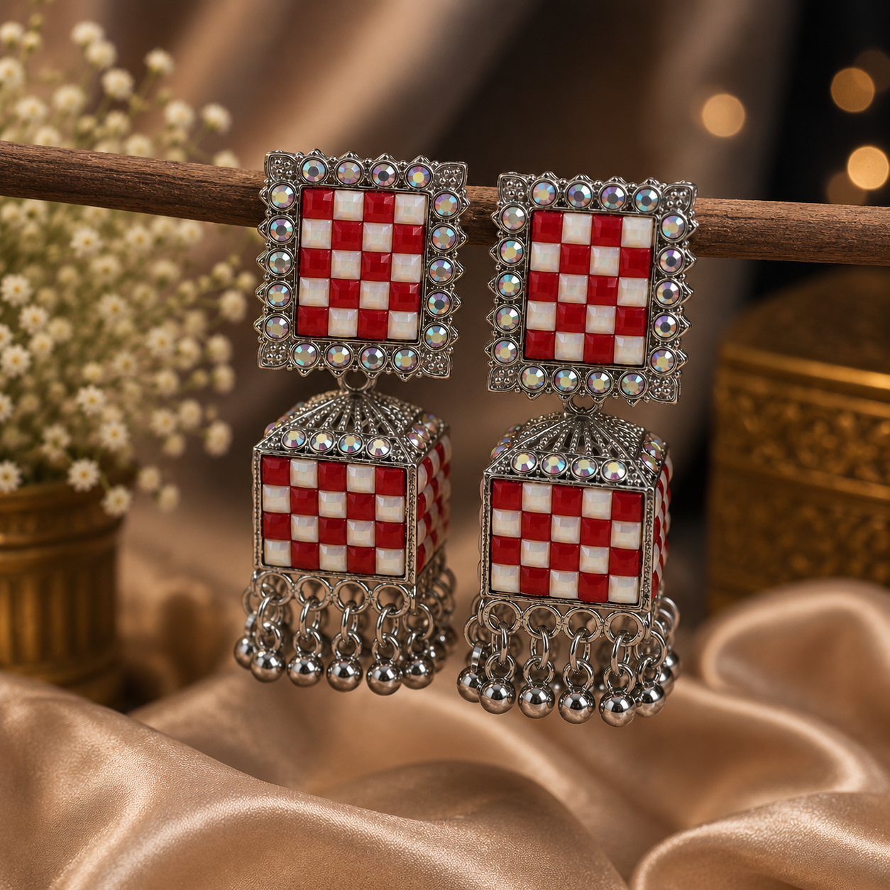 Trendy Crystal Earrings - Red = Oxidised Silver Bold Fastive