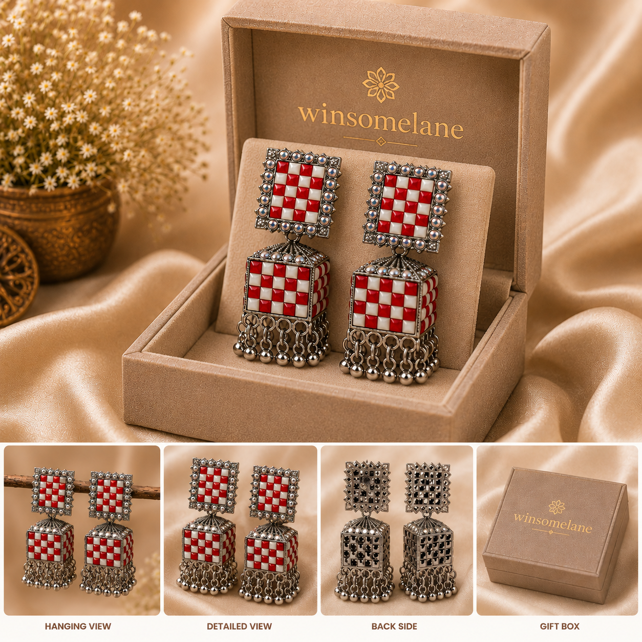 Trendy Crystal Earrings - Red = Oxidised Silver Bold Fastive - Image 3