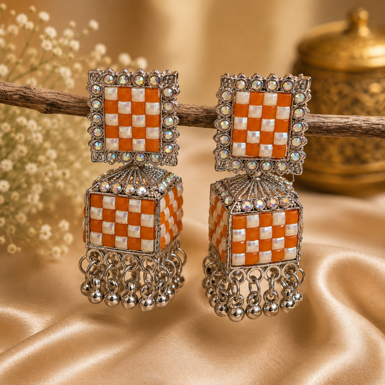 Trendy Crystal Earrings - Orange + Oxidised Silver Vibrant Festive