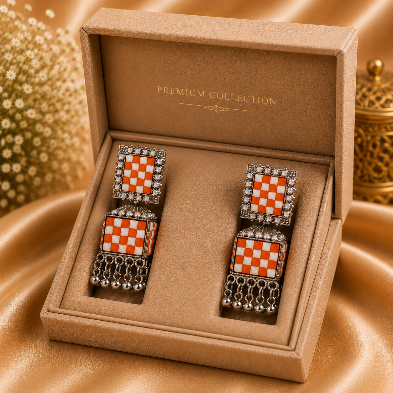 Trendy Crystal Earrings - Orange + Oxidised Silver Vibrant Festive - Image 3