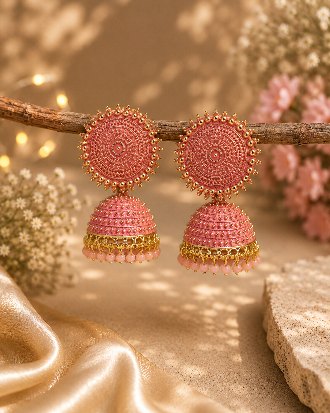 Trendy Crystal Earrings - Soft Blush Pink + Gold Luxury Festive - Image 3