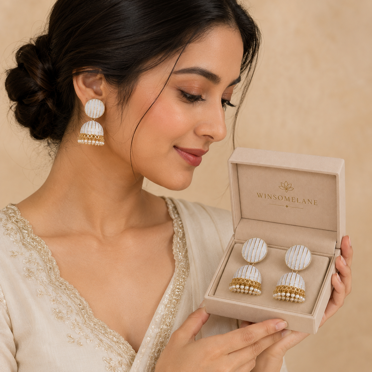 Trendy Crystal Earrings - White & Gold Combination - Image 3