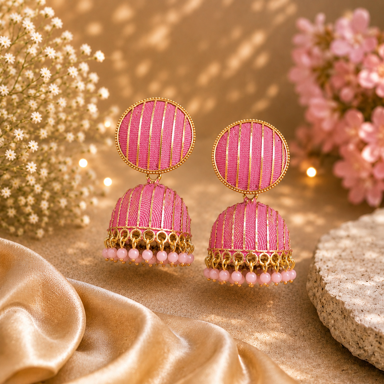 Trendy Crystal Earrings - Soft Baby Pink + Gld Elegant Pastel - Image 3