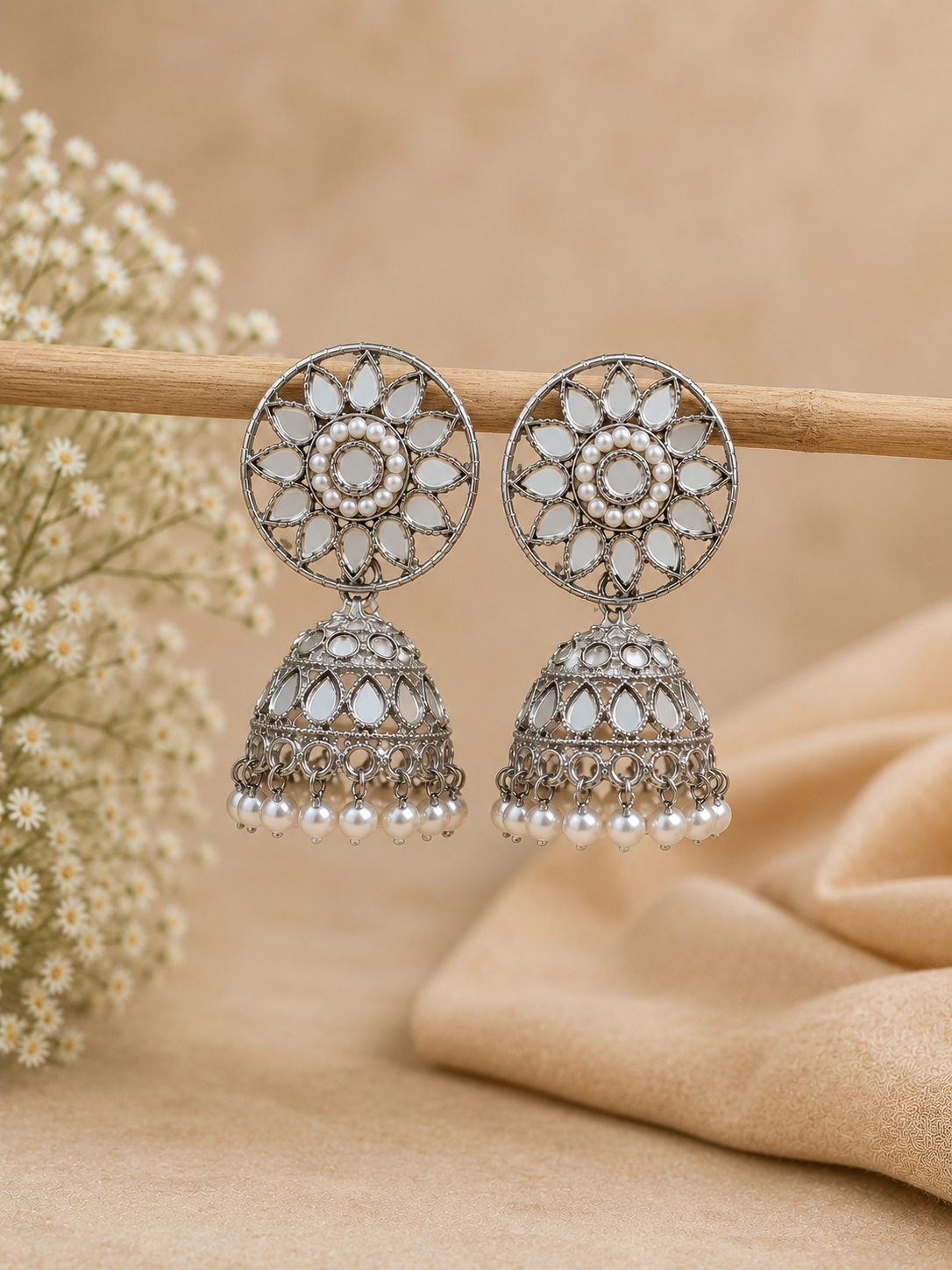 Trendy Crystal Earrings - Oxidised Silver + Pearl White Classic Ethnic