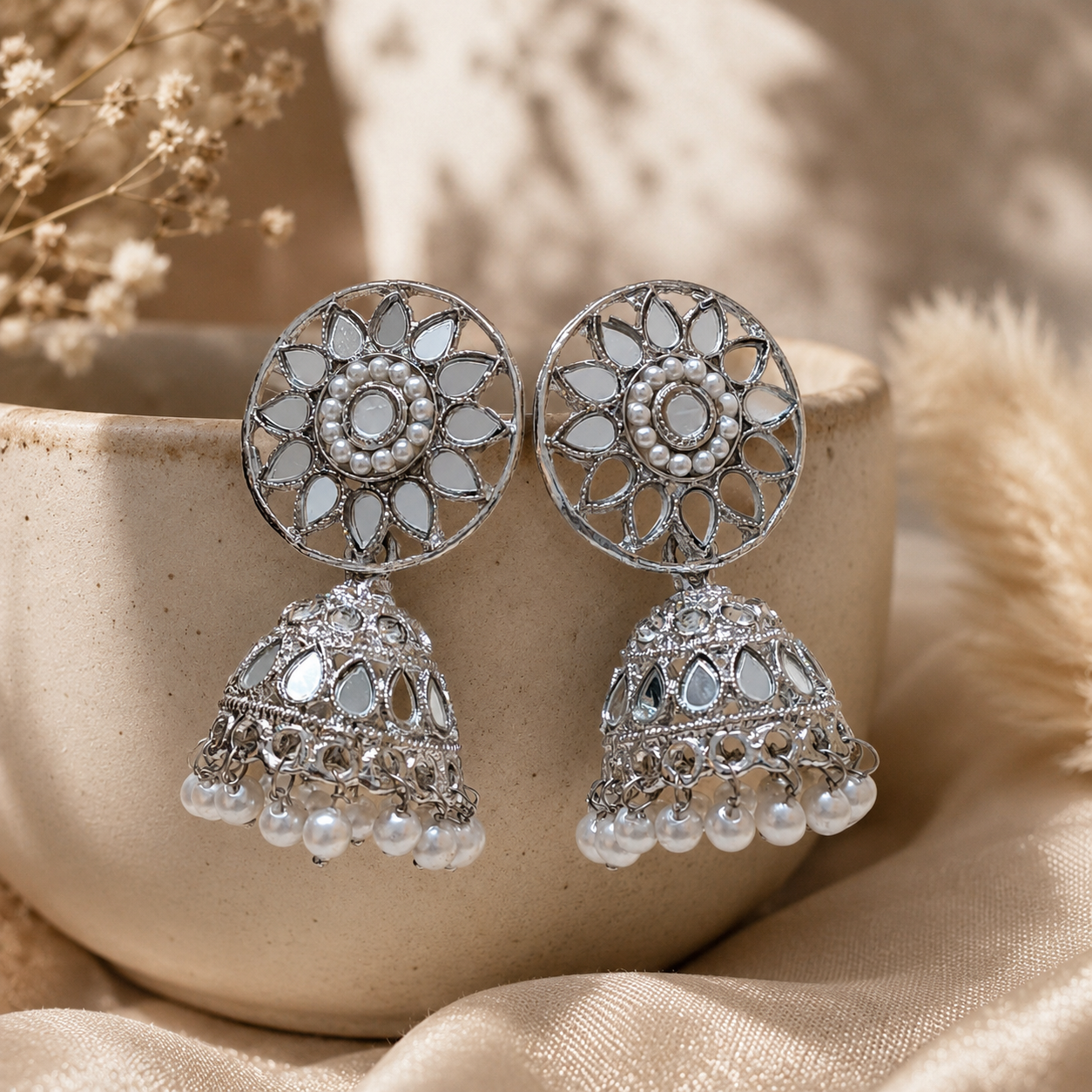 Trendy Crystal Earrings - Oxidised Silver + Pearl White Classic Ethnic - Image 3