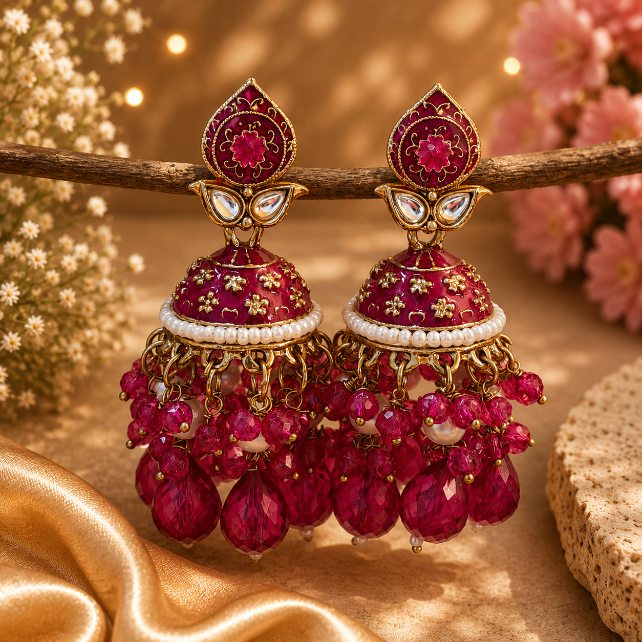 Trendy Crystal Earrings - Royal Ruby Red + Gold Festive