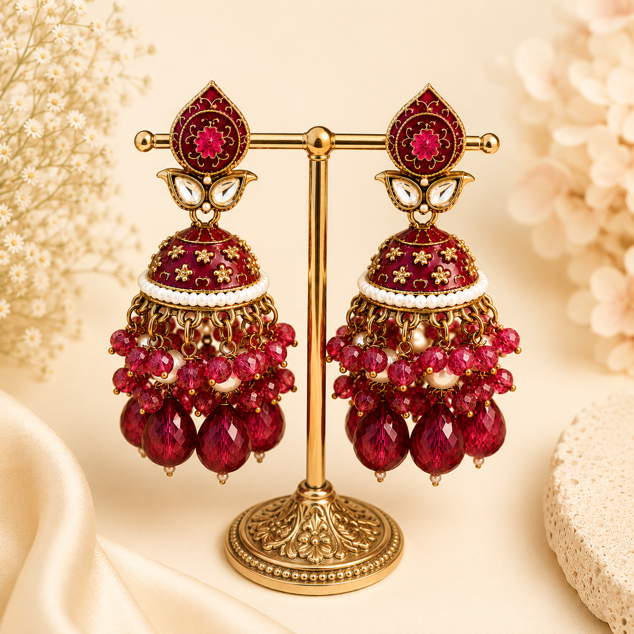 Trendy Crystal Earrings - Royal Ruby Red + Gold Festive - Image 3