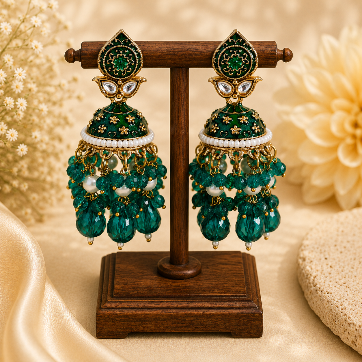 Trendy Crystal Earrings - Emerald Green + Gold Royal