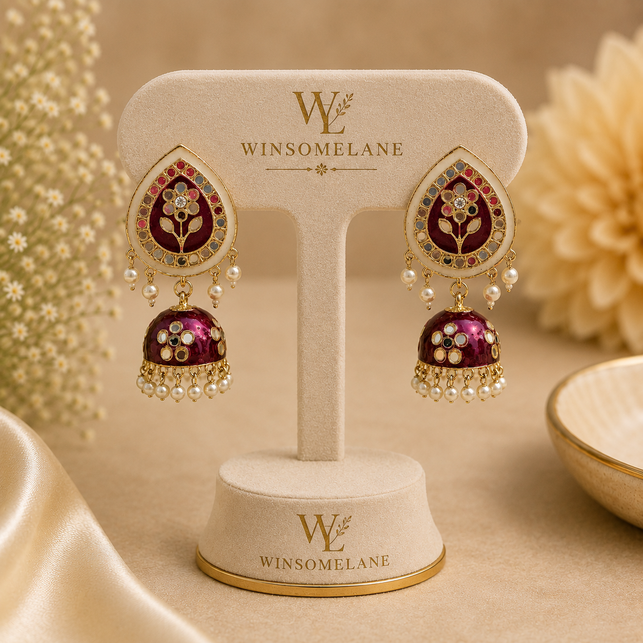 Trendy Crystal Earrings - Royal Wine Pink + Lvory Gold Luxury Combination
