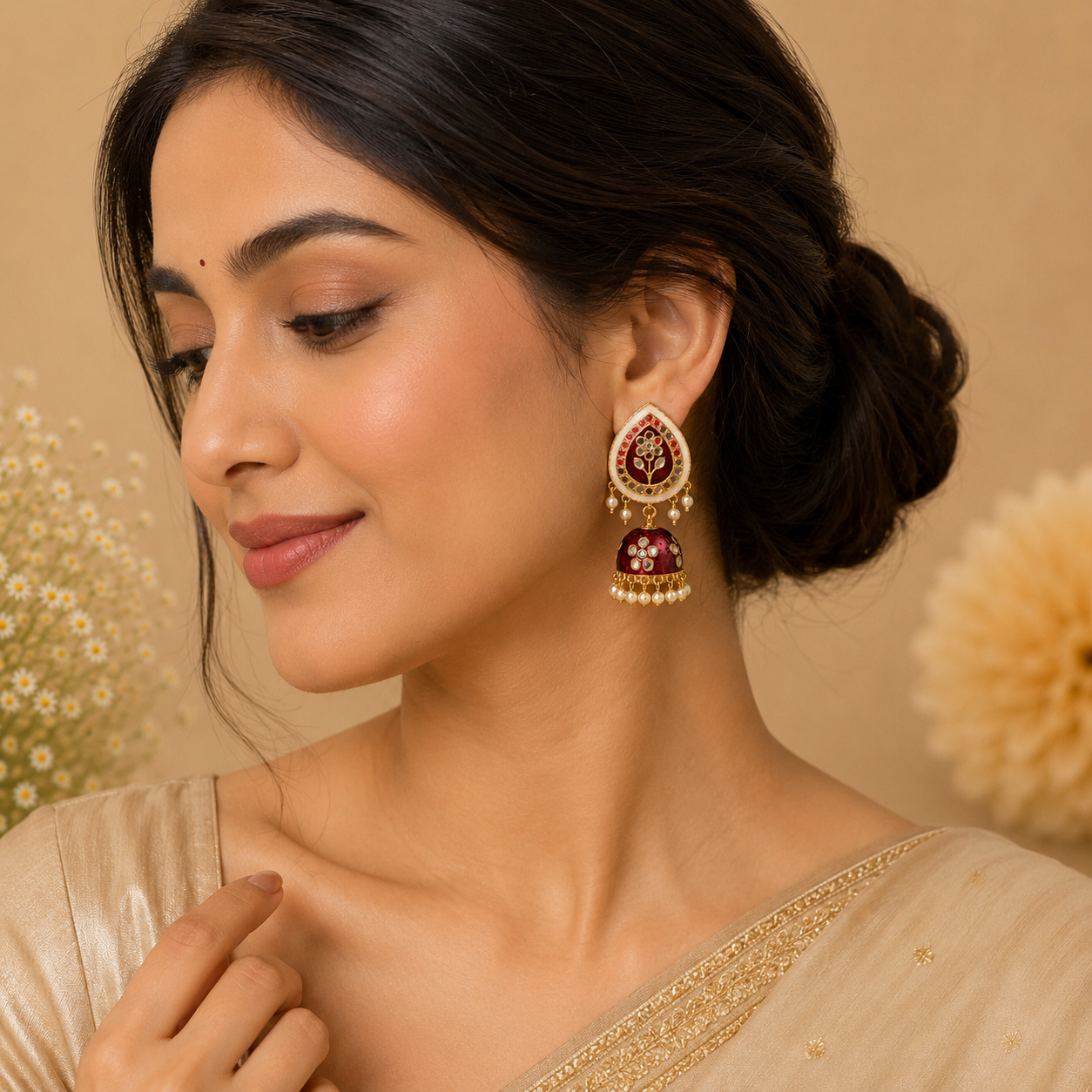 Trendy Crystal Earrings - Royal Wine Pink + Lvory Gold Luxury Combination - Image 3