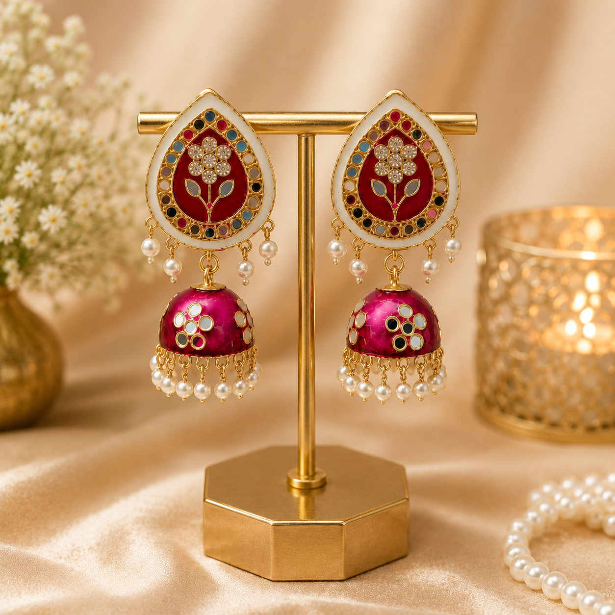 Trendy Crystal Earrings - Royal Pink + Gold Traditional Combo