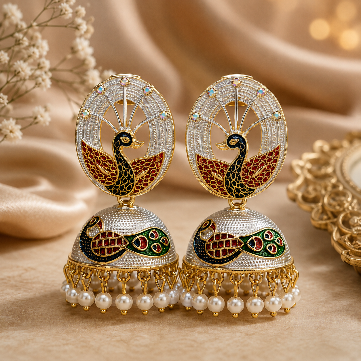 Trendy Crystal Earrings - Silver / White Base & Dark Blue / Navy Blue