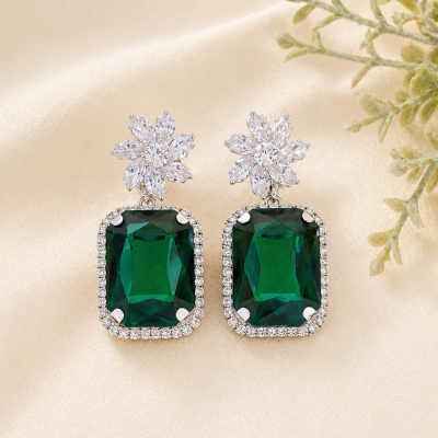 Trendy Crystal Earrings - Bottle Green And White