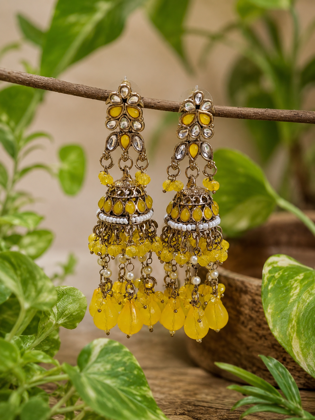 Trendy Crystal Earrings - Mustard Yellow + Antique Gold Boha Traditional