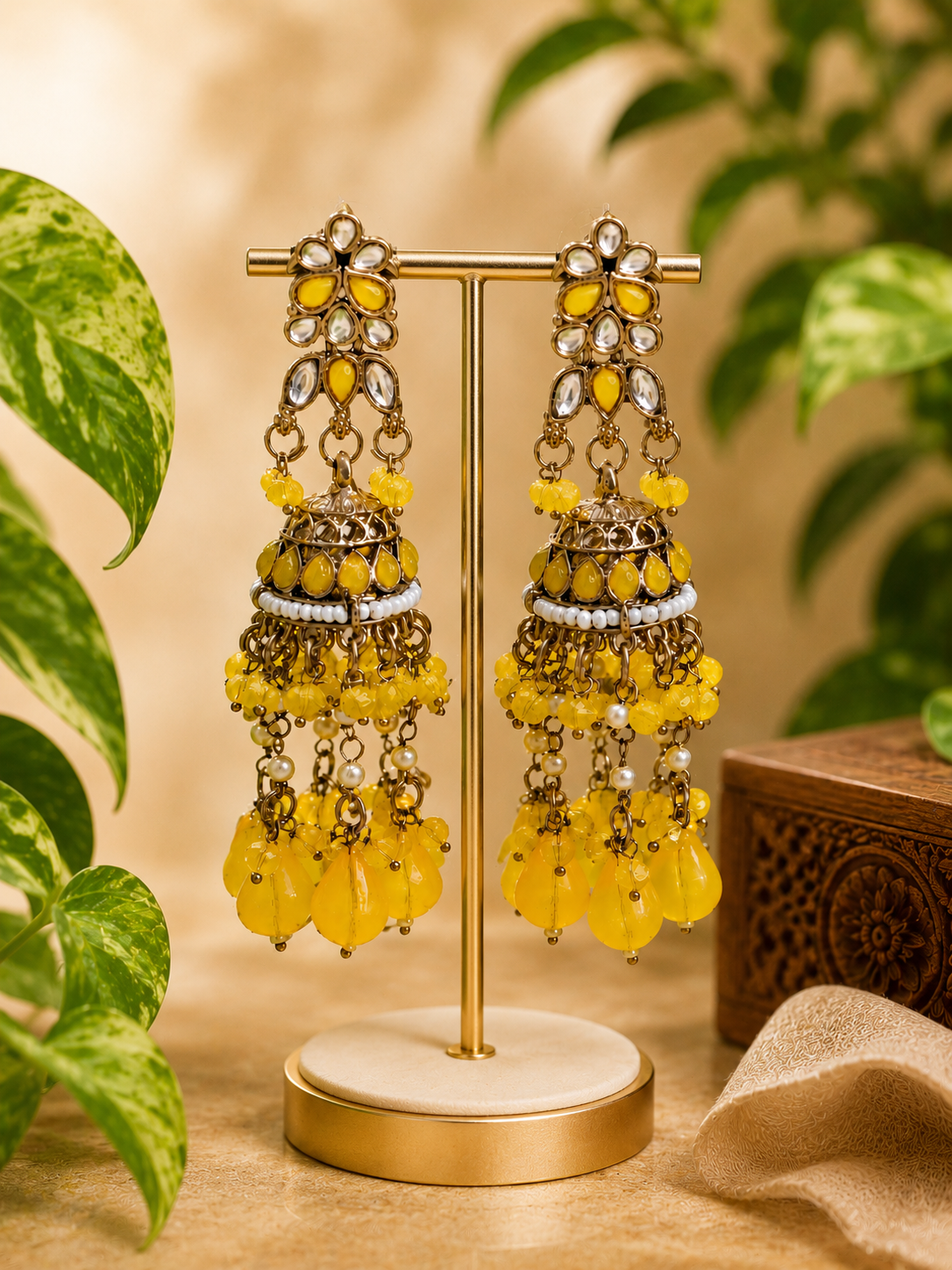 Trendy Crystal Earrings - Mustard Yellow + Antique Gold Boha Traditional - Image 3