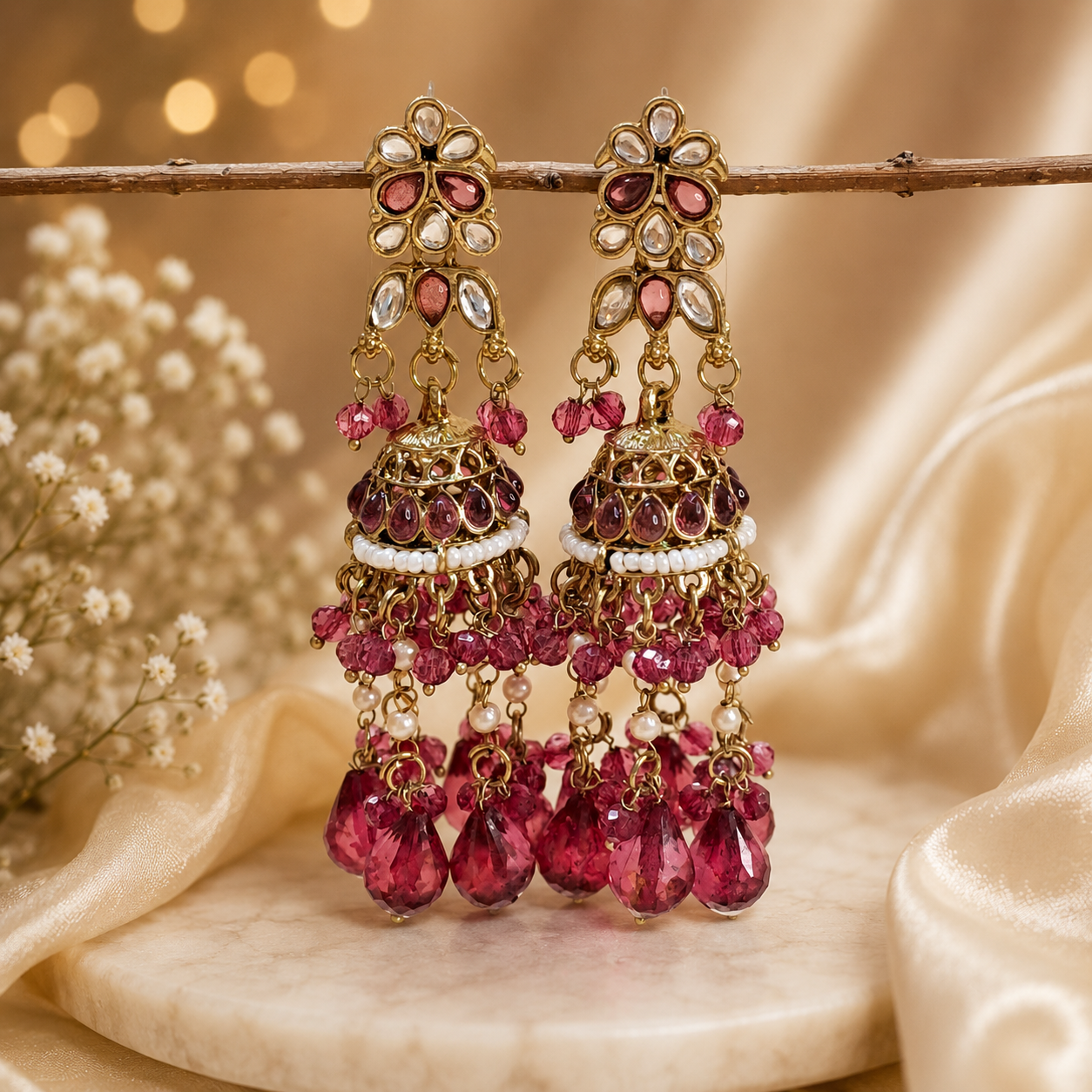 Trendy Crystal Earrings - Raspberry Pnk= Gold Royal Feminine