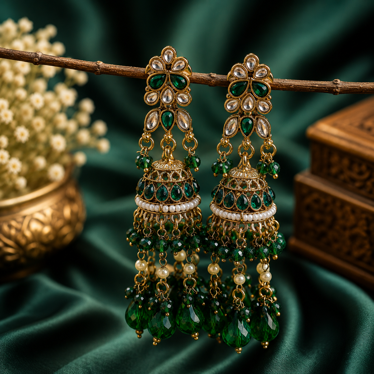 Trendy Crystal Earrings - Emerald Green + Nude Pink Luxury