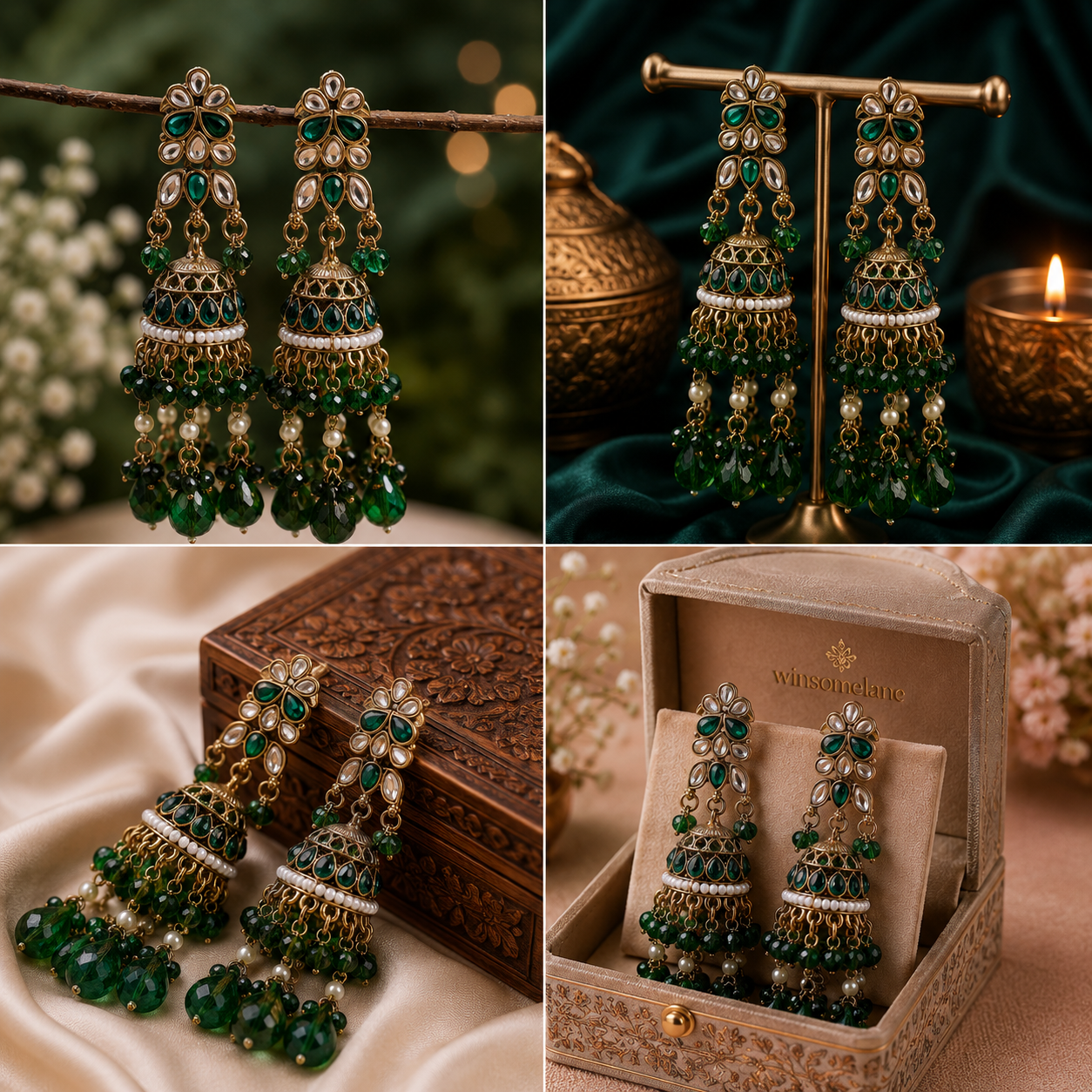 Trendy Crystal Earrings - Emerald Green + Nude Pink Luxury - Image 3