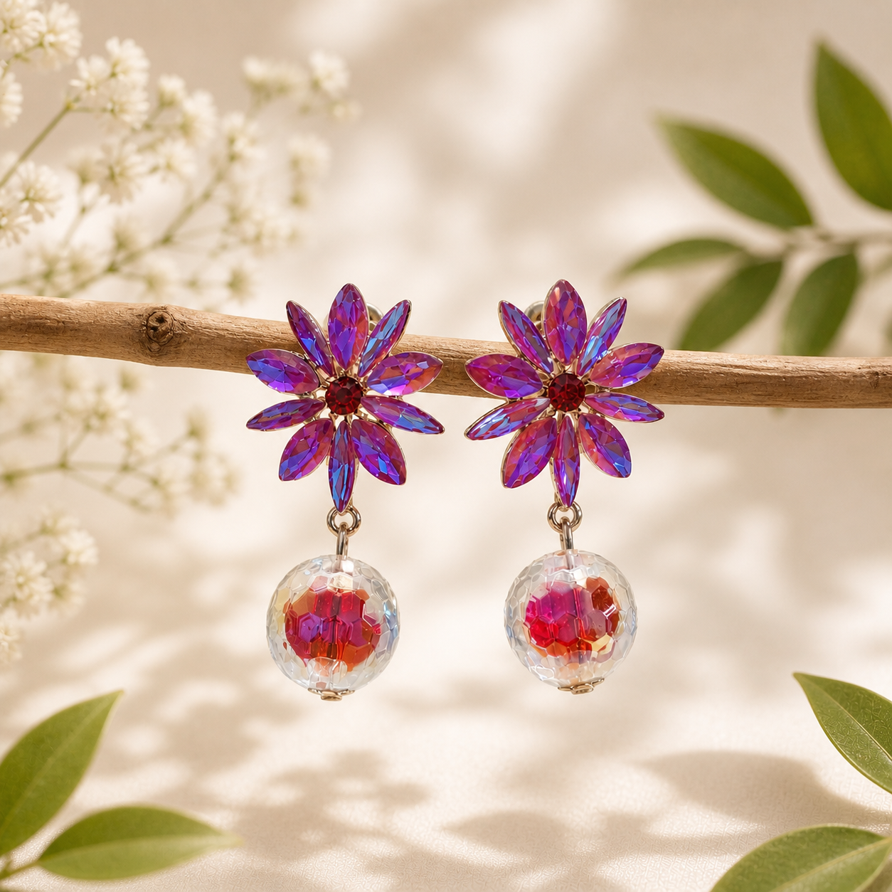 Trendy Crystal Earrings - Magenta Pink / Fuchsia Purple - Image 3