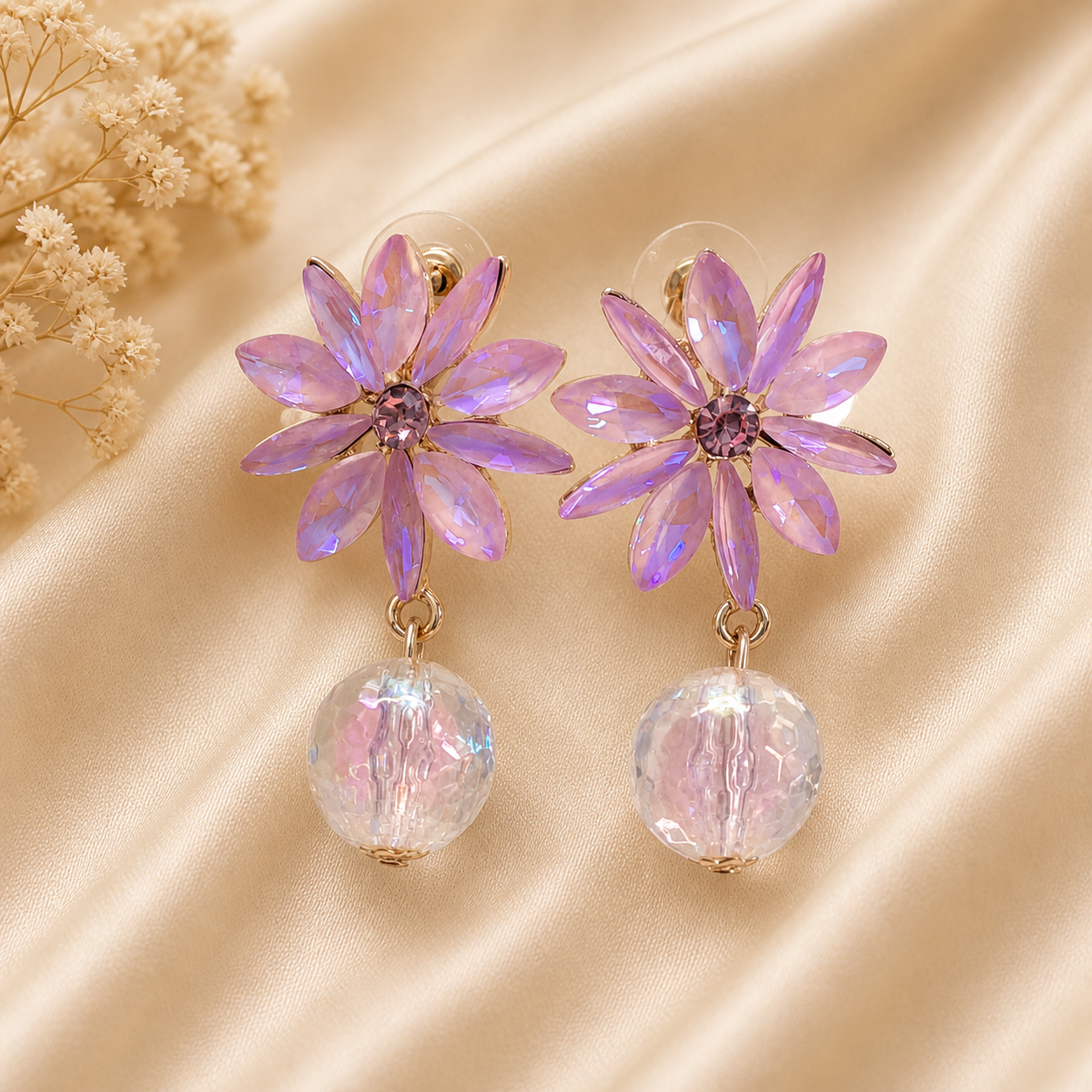 Trendy Crystal Earrings - Pastel Lavender / Lilac Pink