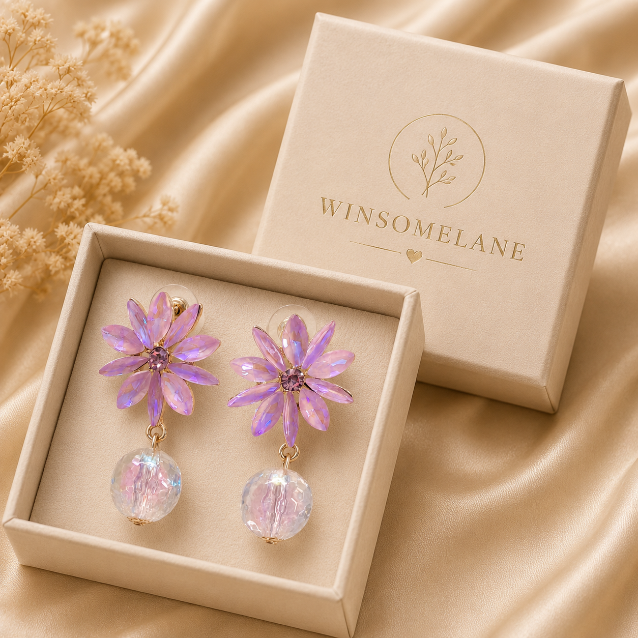 Trendy Crystal Earrings - Pastel Lavender / Lilac Pink - Image 3