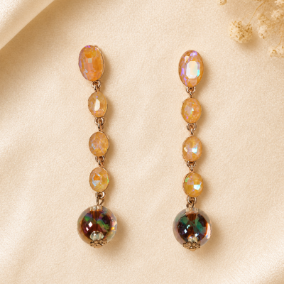 Trendy Crystal Earrings - Warm Amber / Golden-Orange With Multicolor Shine