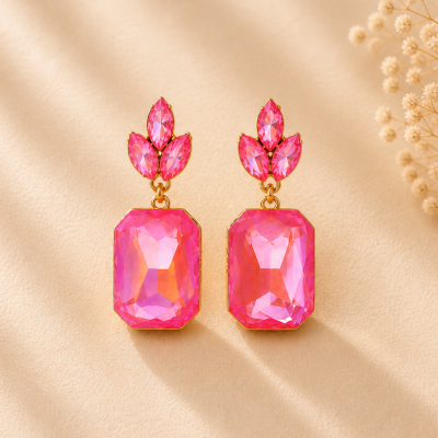 Trendy Crystal Earrings - Bright Pink / Hot Pink (Fuchsia)
