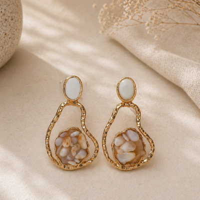 Trendy Crystal Earrings - Cream White Golden
