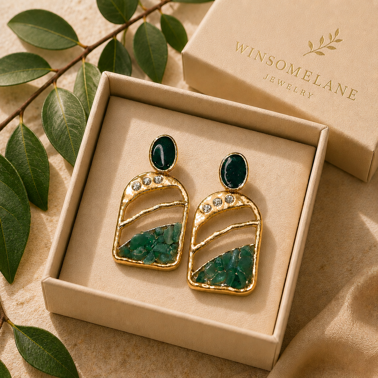 Trendy Crystal Earrings - Emerald Green / Forest Green - Image 3