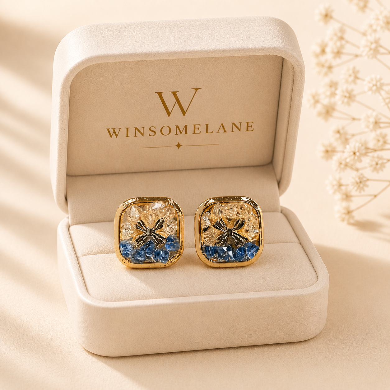 Trendy Crystal Earrings - Royal Blue + Champagne Gold - Image 3